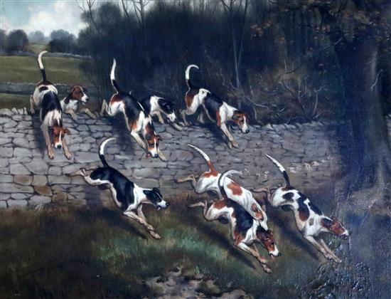John Alfred Wheeler (1821-1903) Hounds leaping a stone wall 11.5 x 15.5in.